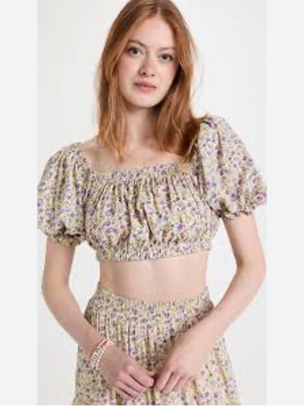 Anthropologie English Factory Yellow Floral Smocked Puff-Sleeve Crop Top Size S